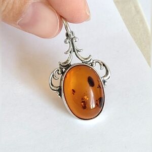 Vintage Boho Art Deco Style Oval Orange Amber Cabochon Sterling Silver Pendant